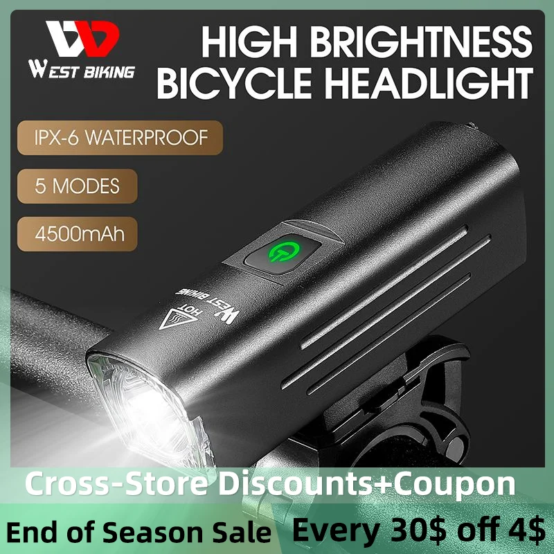 

WEST BIKING 1300 Lumen Cycling Light USB Rechargeable Lamp 4500mAh 5 Modes LED Flashlight Aluminum Ultralight MTB Bicycle Lights