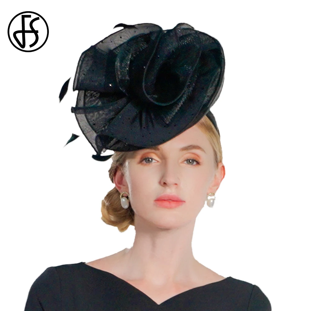 

FS Fascinator Elegant Concise Hats For Women Wedding And Church Fashion Charm Black Feather Cap Ladies Luxury Skullies Hair Hoop