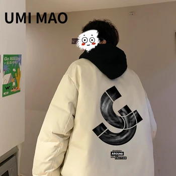 UMI MAO Thickened Cotton Jacket Autumn Winter Trend Hong Kong Style Design Print Stand Collar Warm Coat  Men Women Femme Y2K