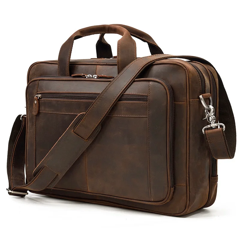 

Vintage brand luxury designer men briefcase laptop bag crazy horse leather male business hands thick cowksin
