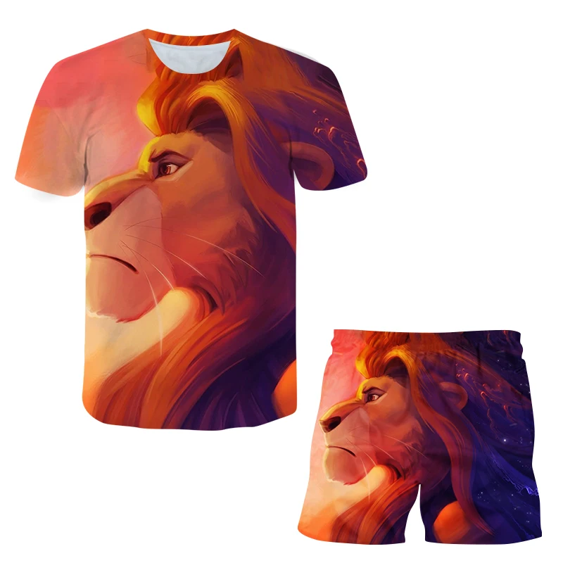 

Children's short-sleeved suit cartoon 3d printing lion boys and girls summer T-shirt + shorts clothes children's casual suit