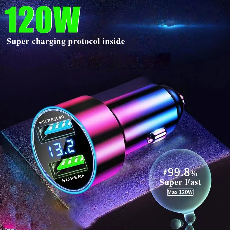 

Dual Port USB Car Charger 120W Super Fast Charging Adapter for Samsung OnePlus Xiaomi Huawei IPhone 13 12 11 Pro Max 7 8 Plus