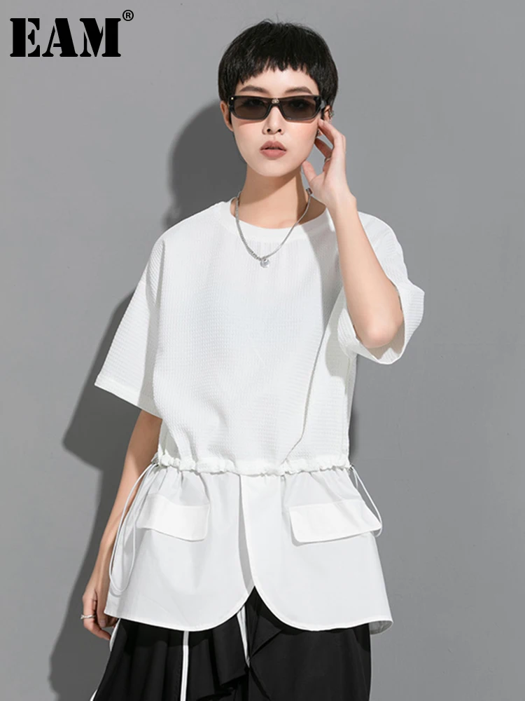 

[EAM] Женская белая черная Повседневная футболка с завязками большого размера, новая модная футболка с круглым вырезом и коротким рукавом, весна-лето 2023 1DE8115
