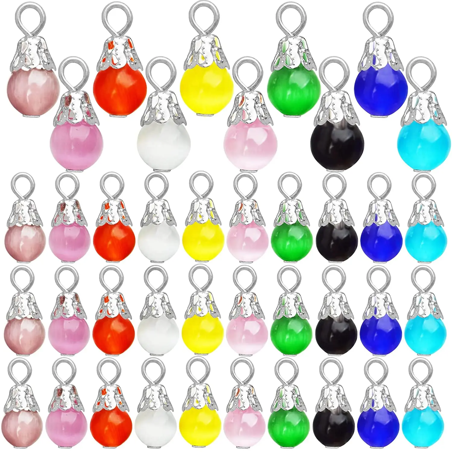 

50pcs Colorful Cat Eye Drop Crystal Bead Charms Handmade Dangle Pendants with Silver Plated Flower Caps for DIY Jewelry Making