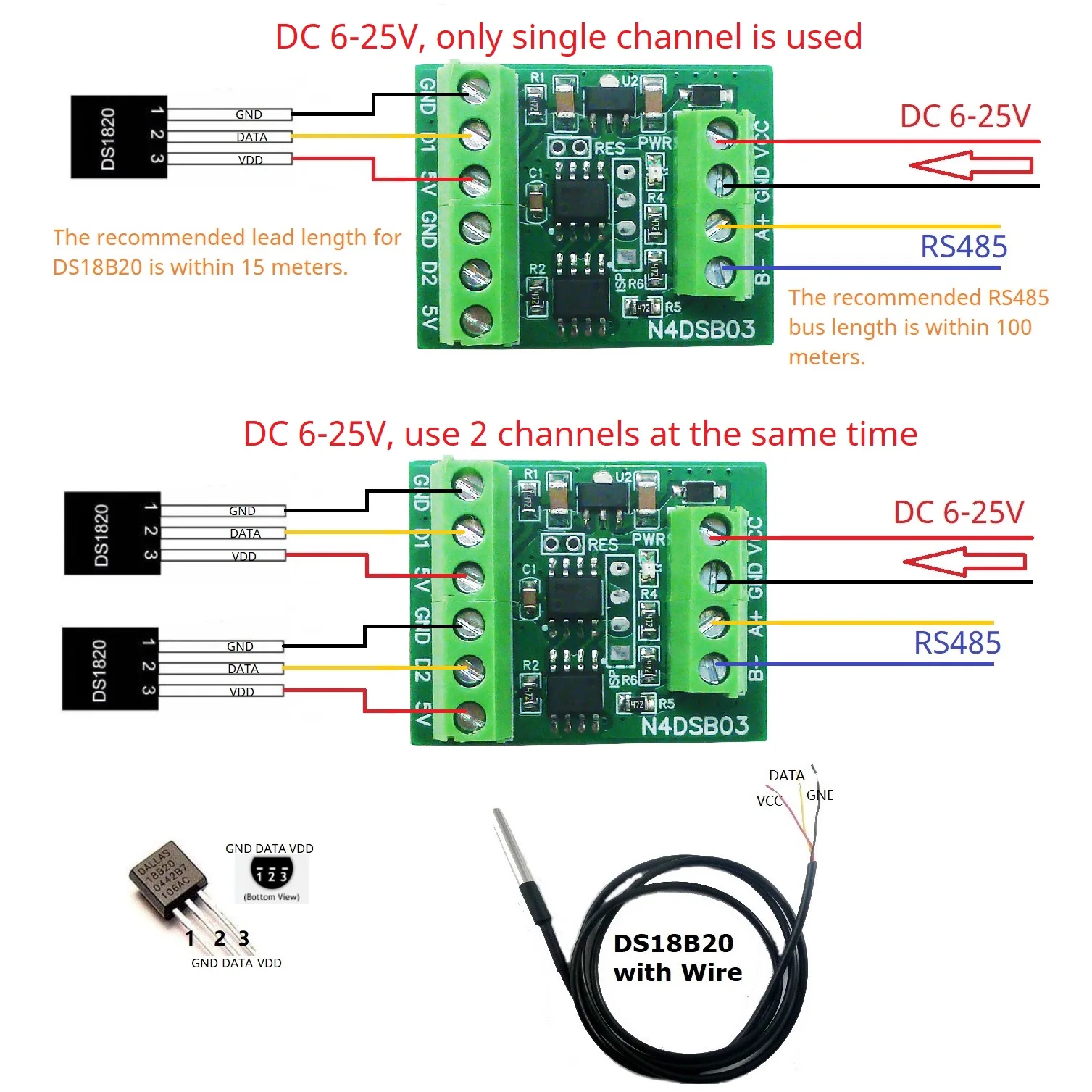 2CH RS485 Modbus -55 до +125C Температурный коллектор DS18B20 Плата адаптера датчика HMI PLC
