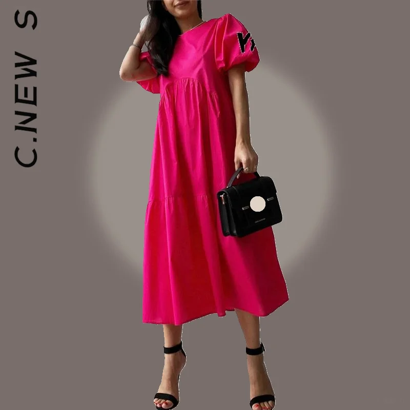 

C.New S Dress New Women All-Match Dresses Cotton O Neck A-line Short Sleeve Midi Dress Korean Slim Female Clothing Vestidos