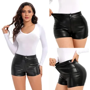 2022 New Female High Waist Bodyon Pu Leather Elastic Tight Sexy Ultra Short Black