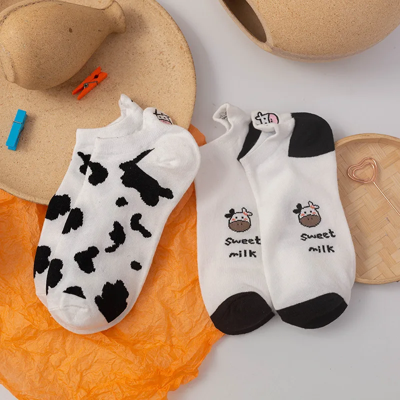 Cow Cartoon Socks Cute Socks Women Black and white Sweet Japanese Short Tube Socks Embroidered Striped Cartoon Boat Socks