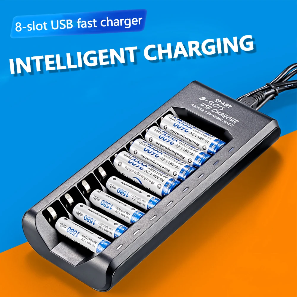 

8 Slots 1.2V Ni-MH Ni-CD AA AAA Rechargeable Battery Charger LED Lndicator USB Output Fast Charging Short Circuit Protection
