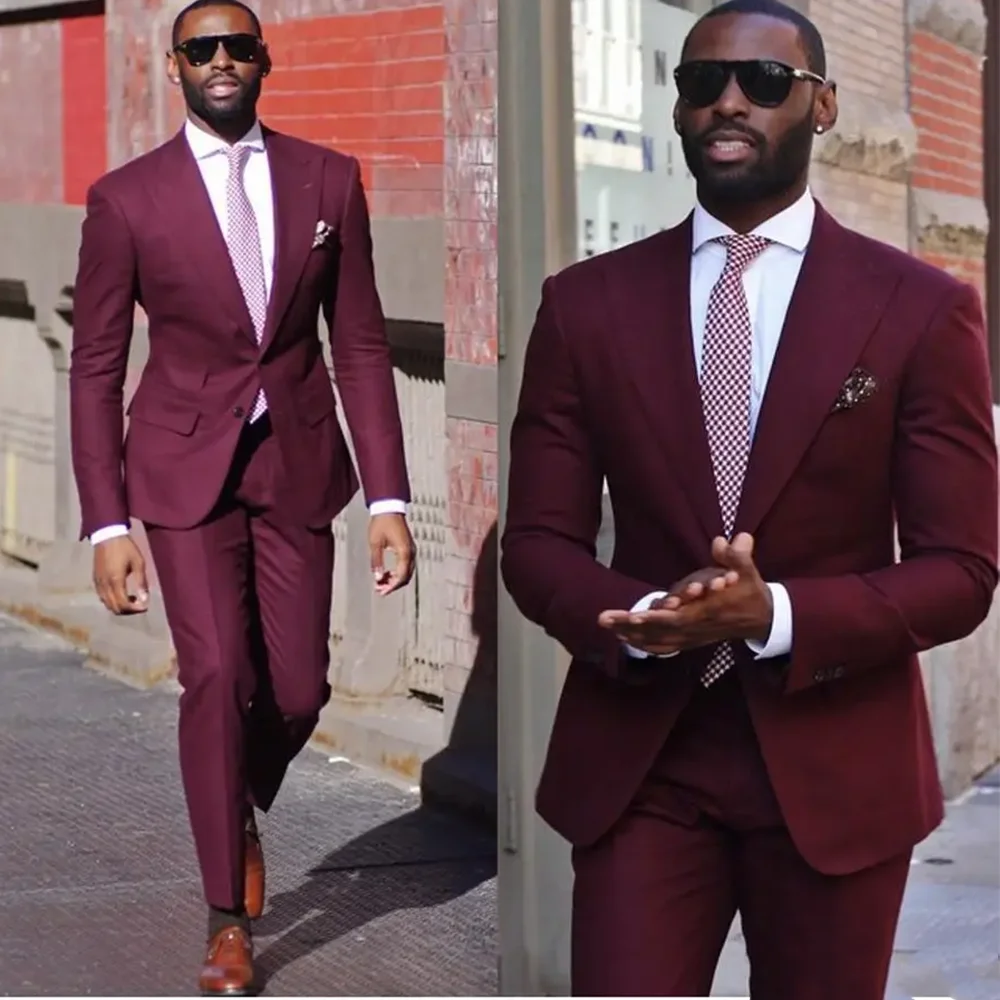 Бордовые костюмы для свадебной вечеринки мужчин 2024 тонкий однобортный смокинг