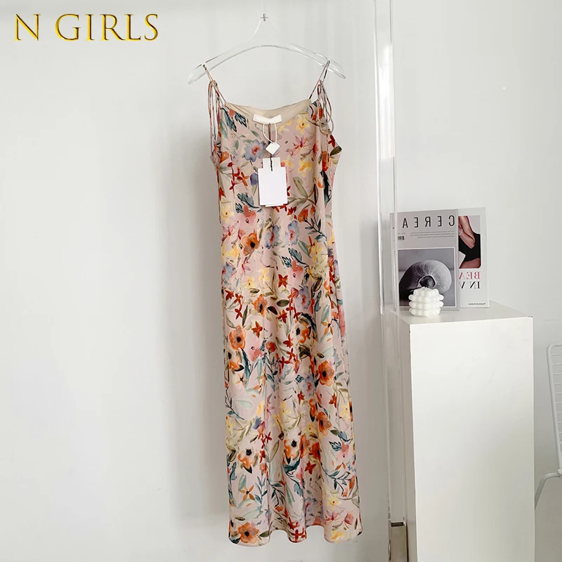 

N GIRLS Fashion Elegant Floral Print Women Maxi Dress Adjust Strap Women Summer Dress For Vacation 2022 Ins Hot Beach Style