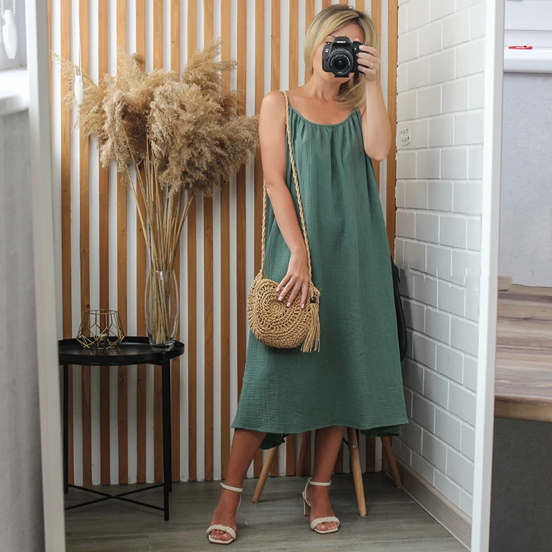 

100% Cotton Women'S Summer Dress Sexy Sleeveless O-Neck Elegant Dresses For Women Chic Party Dresses Robe Femme