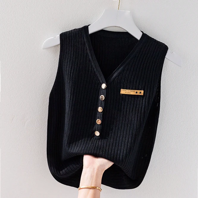 

2022 Spring Autumn Ice Silk Suspender Vest Women's Blouse Sleeveless Black Bottomed Vest Fashionable Versatile Super Value