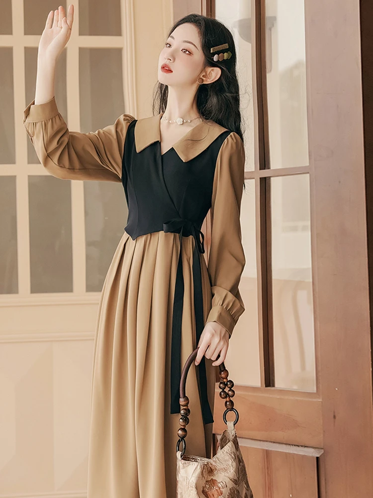 

Новинка Осень-зима женское элегантное и благородное длинное платье в стиле ретро с отложным воротником и длинным рукавом в стиле пэчворк цветное Платье на шнуровке