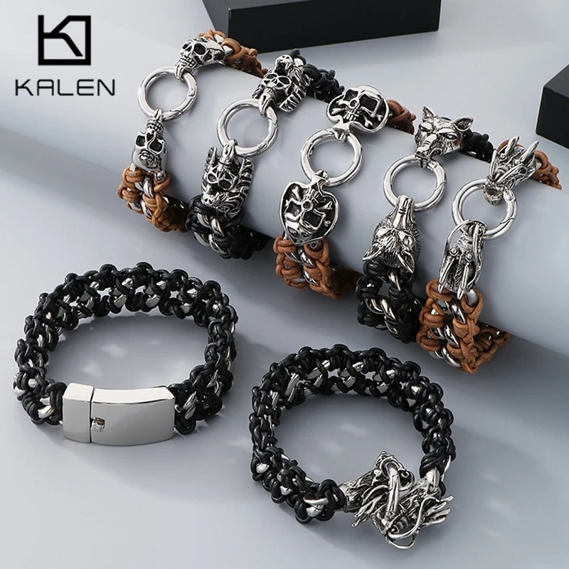 Kalen винтажный тканый кожаный браслет с черепом для мужчин властный дракон/волк
