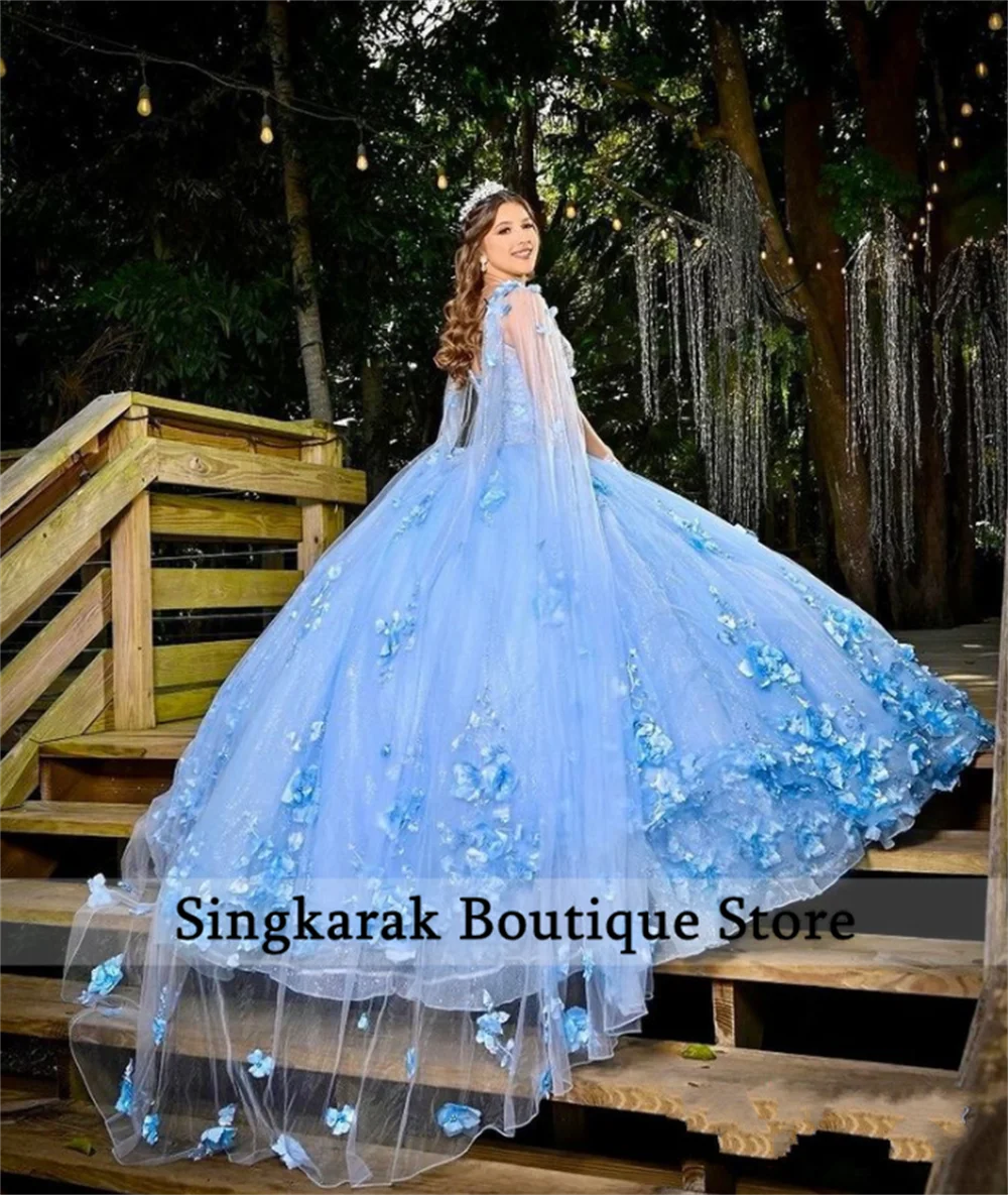 Бальное платье небесно-голубого цвета платья Quinceanera со съемной накидкой