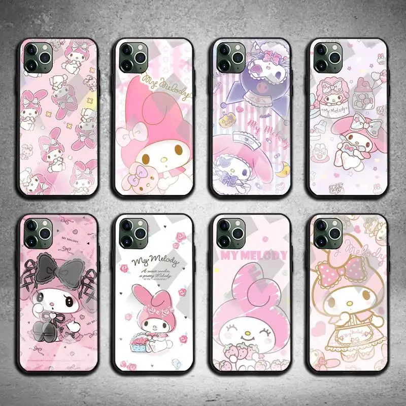

My Melody Cute Cartoon Rabbit Phone Case Tempered Glass For iPhone 13 12 11 Pro Mini XR XS MAX 8 X 7 6S 6 Plus SE 2020 cover