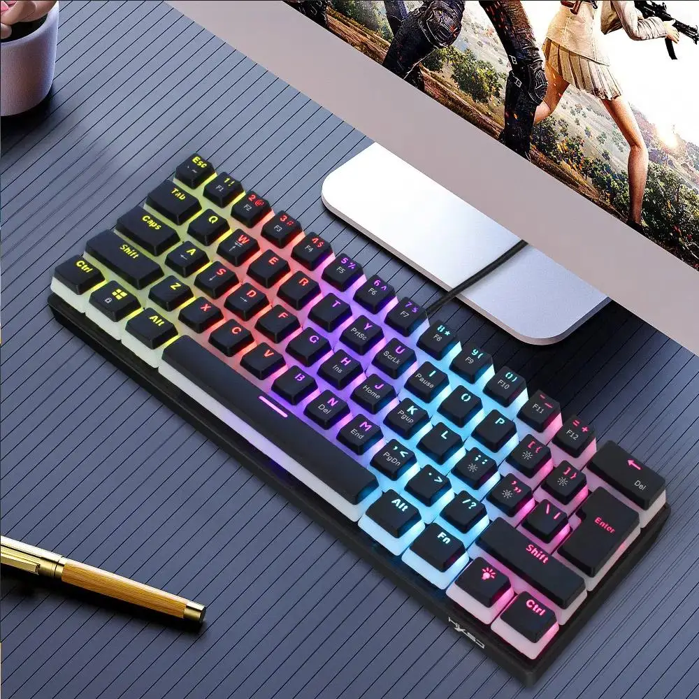 61-Key Wired Mechanical Keyboard Color Backlit Pudding Keycap, Green Axis Multiple Lighting Modes USB Plug Game Home