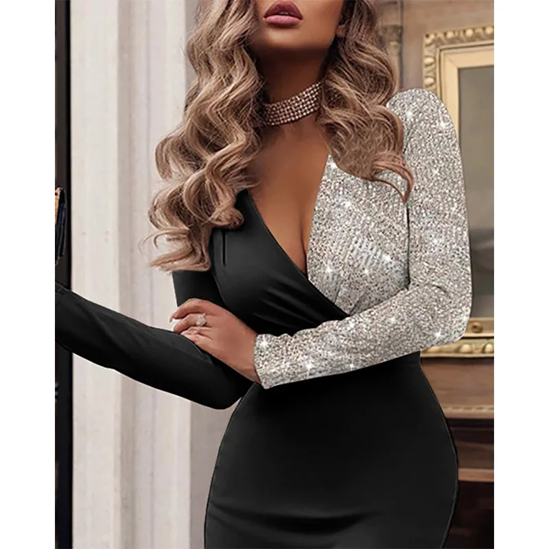 

Женское сексуальное вечернее платье с длинным рукавом и глубоким V-образным вырезом, 2021