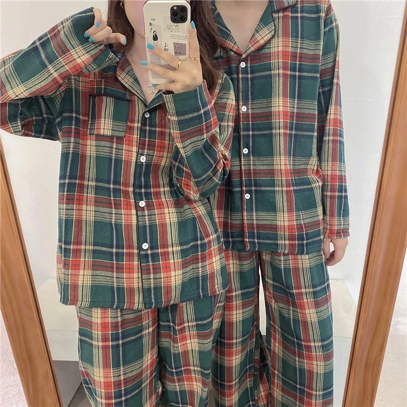 Green Plaid Women's Loose Pajama Suit Comfort Woman Men Sleepwear Cotton Spring Autumn Couple Homewear Female Christmas Nighwear