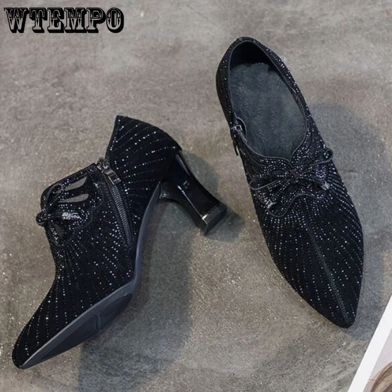 WTEMPO Sexy Glitter Rhinestones Luxury High Heels Women Crystal Bowknot Wedding Party Prom Shoes Female Casual Pumps Wholesale