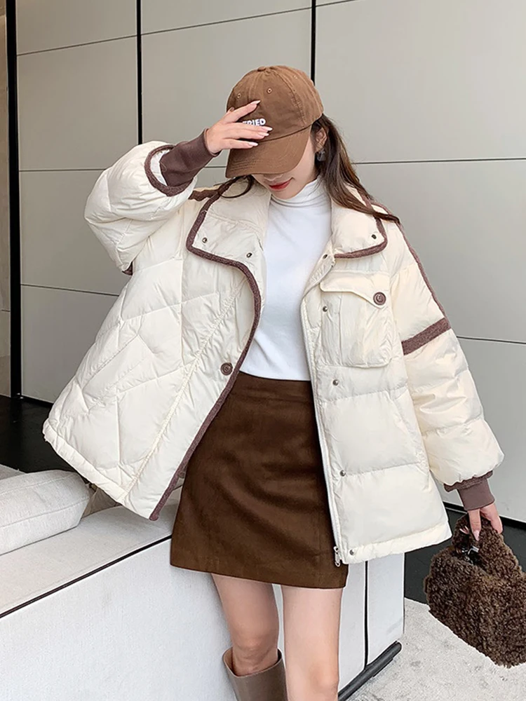 

Ailegogo Autumn Winter Women Stand Collar Loose 90% White Duck Down Coat Casual Female Zipper Pocket Warm Down Jacket Outwear