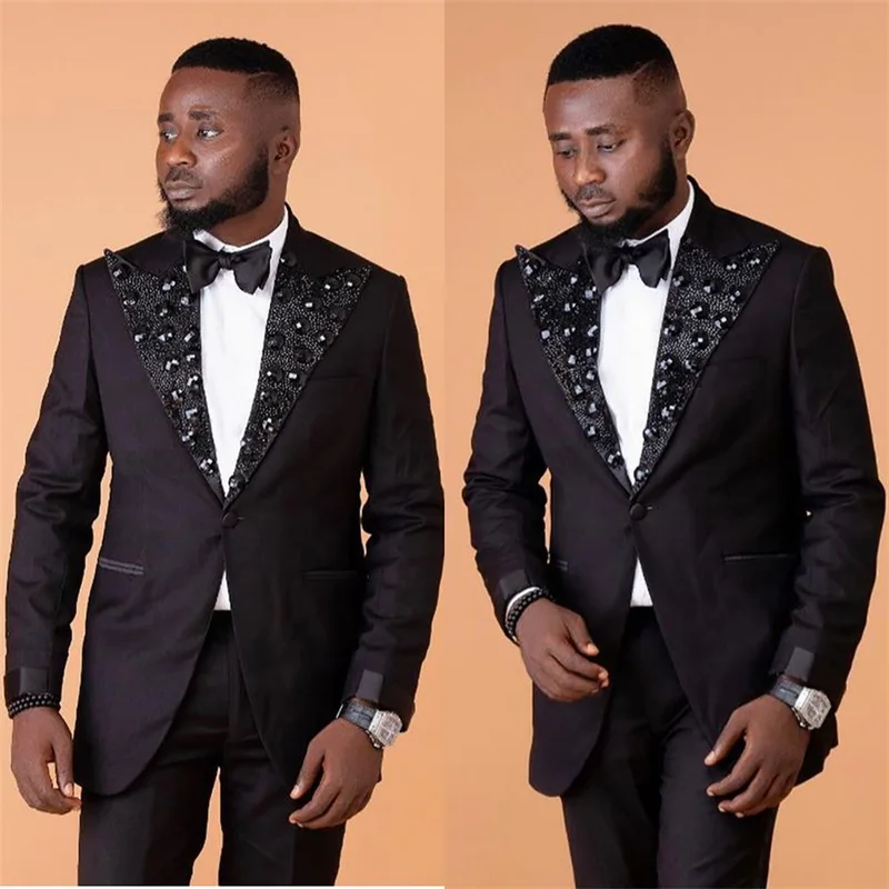 

2 Pcs Black Men Suit Set Pants Set Blazer Glitter Sequins Crystal Formal Wedding Groom Prom Tuexdos Office Jacket Custom Made