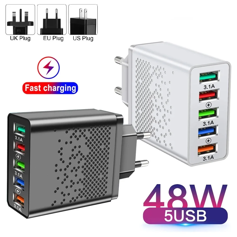 

48W 5 USB HUB Charger Fast Charger QC 3.0 Wall Charge For iPhone 13 Samsung Xiaomi Universal EU US Plug USB Charging Station