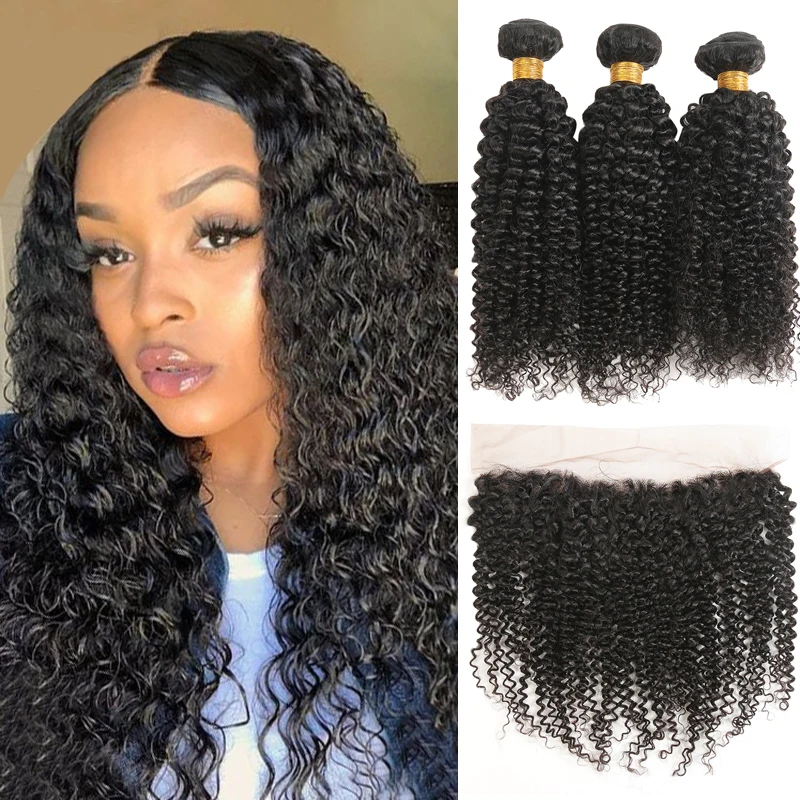 Kinky Curly Hair Bundles With Closure Brazilian Hair 3 Bundles With Frontal Natural Color Human Hair Weave Bundles Remy Hair