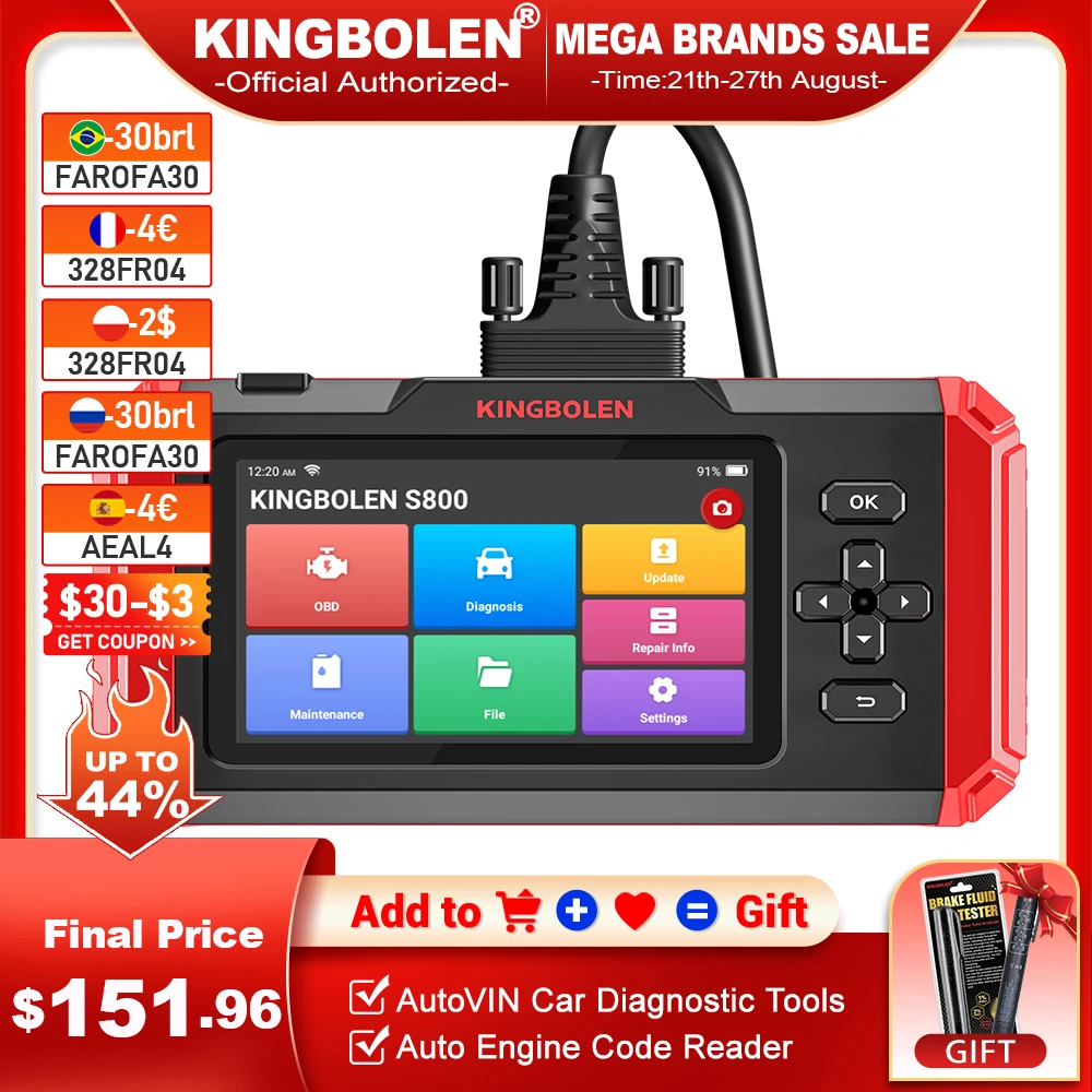 

KINGBOLEN S800 OBD2 Scanner 4 Systems Car Diagnostic Tools ABS SRS ECM TCM 15 Resets Oil Brake SAS ETS Resets Lifetime Free Use