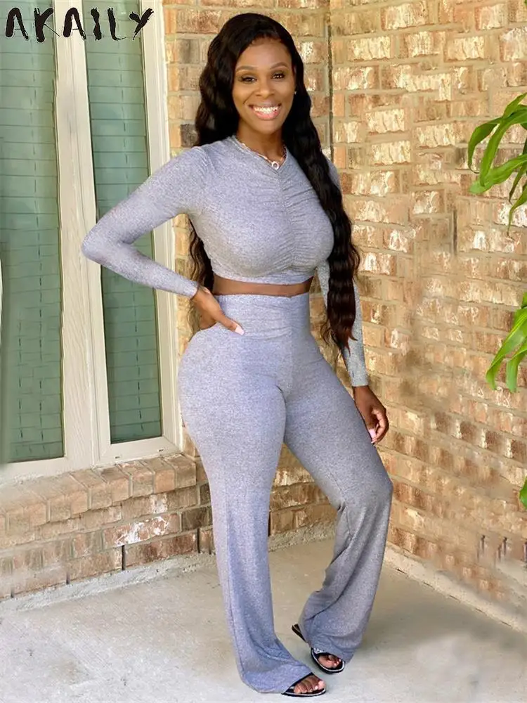 

Akaily Fall Gray 2 Two Piece Sets Women Casual Outfits 2022 Pink Ruched Long Sleeve Tops And Flare Pants Sets Ladies Streetwear