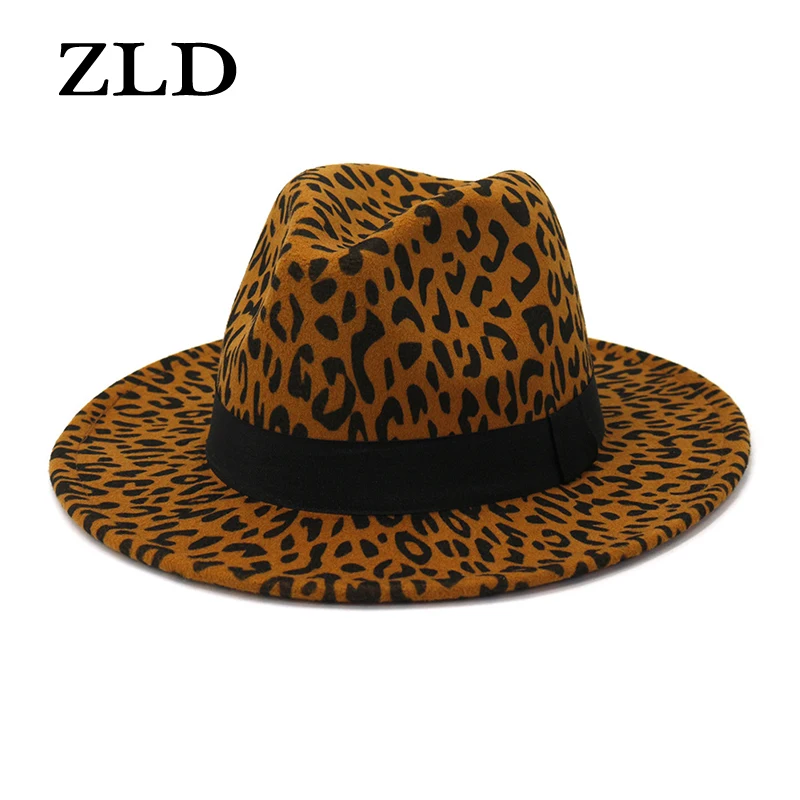 

ZLD Winter British Style Ladies Leopard Jazz Retro Popular Cowboy Men Hat Big Brim Caps Fashion Women Flat Brim Cap Fedoras Hat