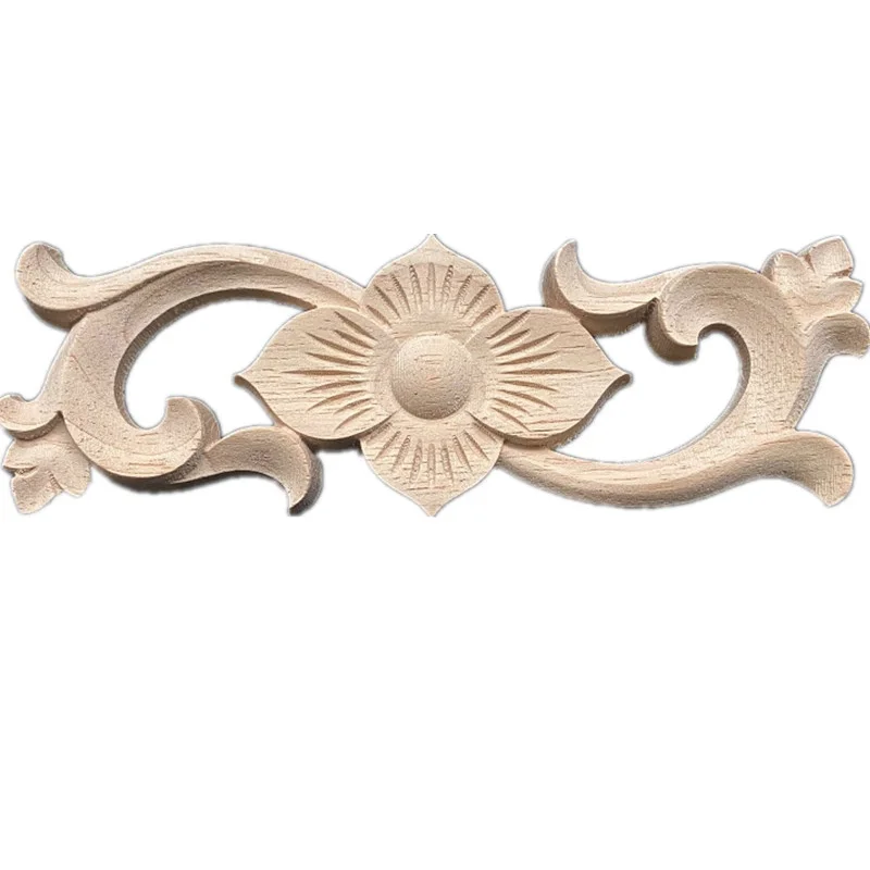 16cm Carved Unpainted European Exquisite Long Floral Leaves Rubber Furniture Window Corner Wood Applique Onlay Wood Figurines