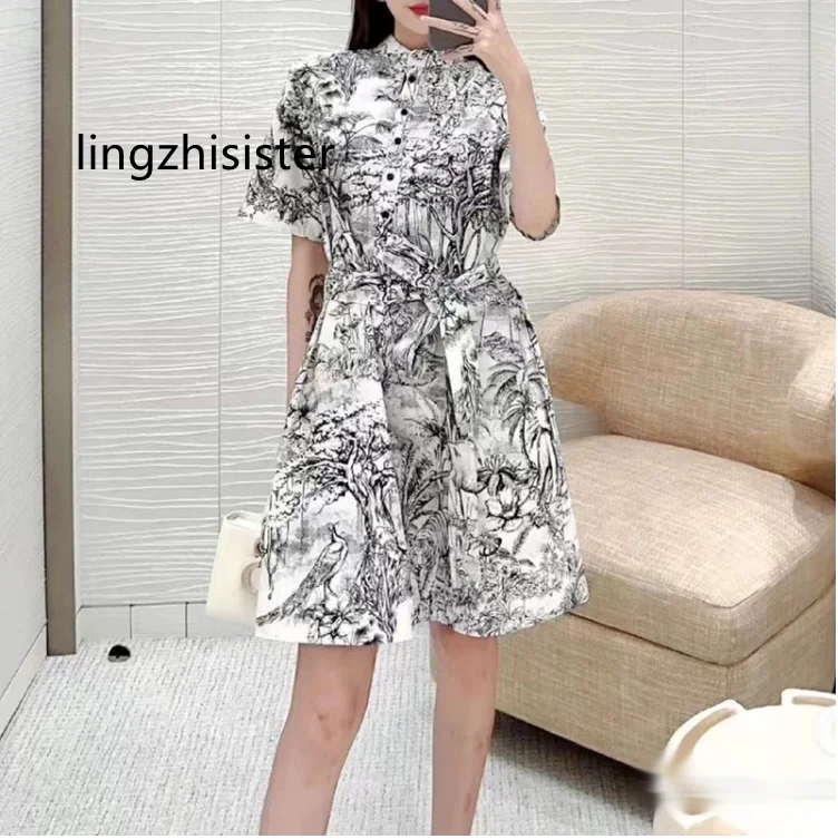 

Women Cotton Dress Poplin Print Short Sleeve Dresses 2023 Summer Jungle Print Black White Brocade Short Dresses Slim With Belt