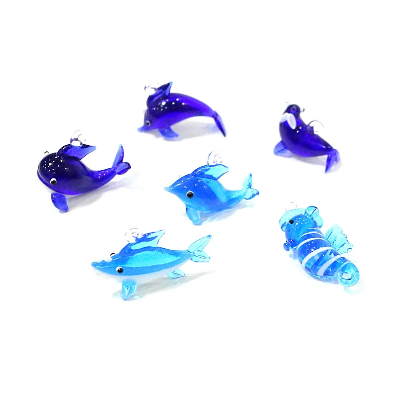 

6pcs Cute Marine Animals Mini Figurines Glass Pendant Aquarium Decor Shark Dolphin Seahorse Sea Lion Whale Tiny Statue Ornaments