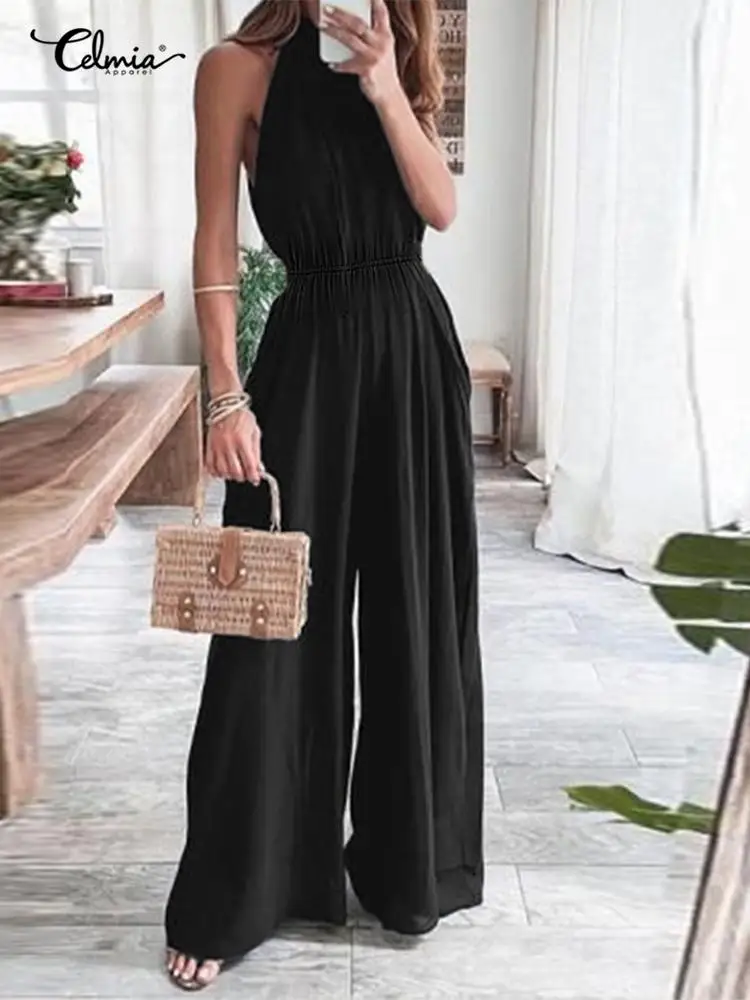 

Celmia Summer Sexy Jumpsuits Back Zipper O-neck Waisted Pleats Long Rompers 2022 Fashion Women Sleeveless Wide Leg Pant Overall