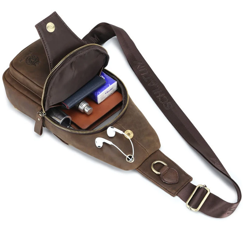 New Genuine Leather Men's Chest Bag Vintage Messenger Crossbody Sling Bag Large Capacity One Shoulder Front Satchel Bag for Male