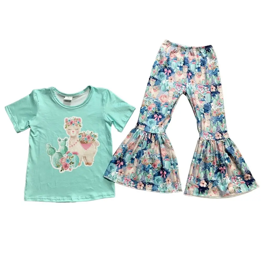 

Cute Sheep Print Bell Pants Turquoise Short-sleeved Top Summer Boutique Girl Clothing 2-piece Set
