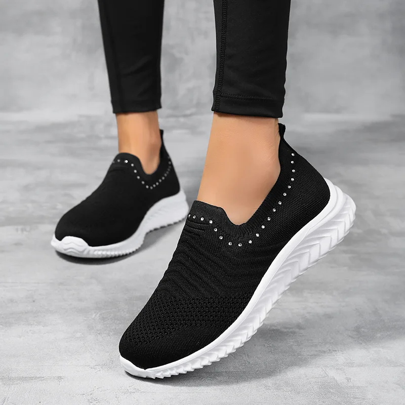 

2022 Crystal Knitted Sneakers Women Comfortable Breathable Casual Flat Shoes Woman Autumn Slip on Walking Shoes Female