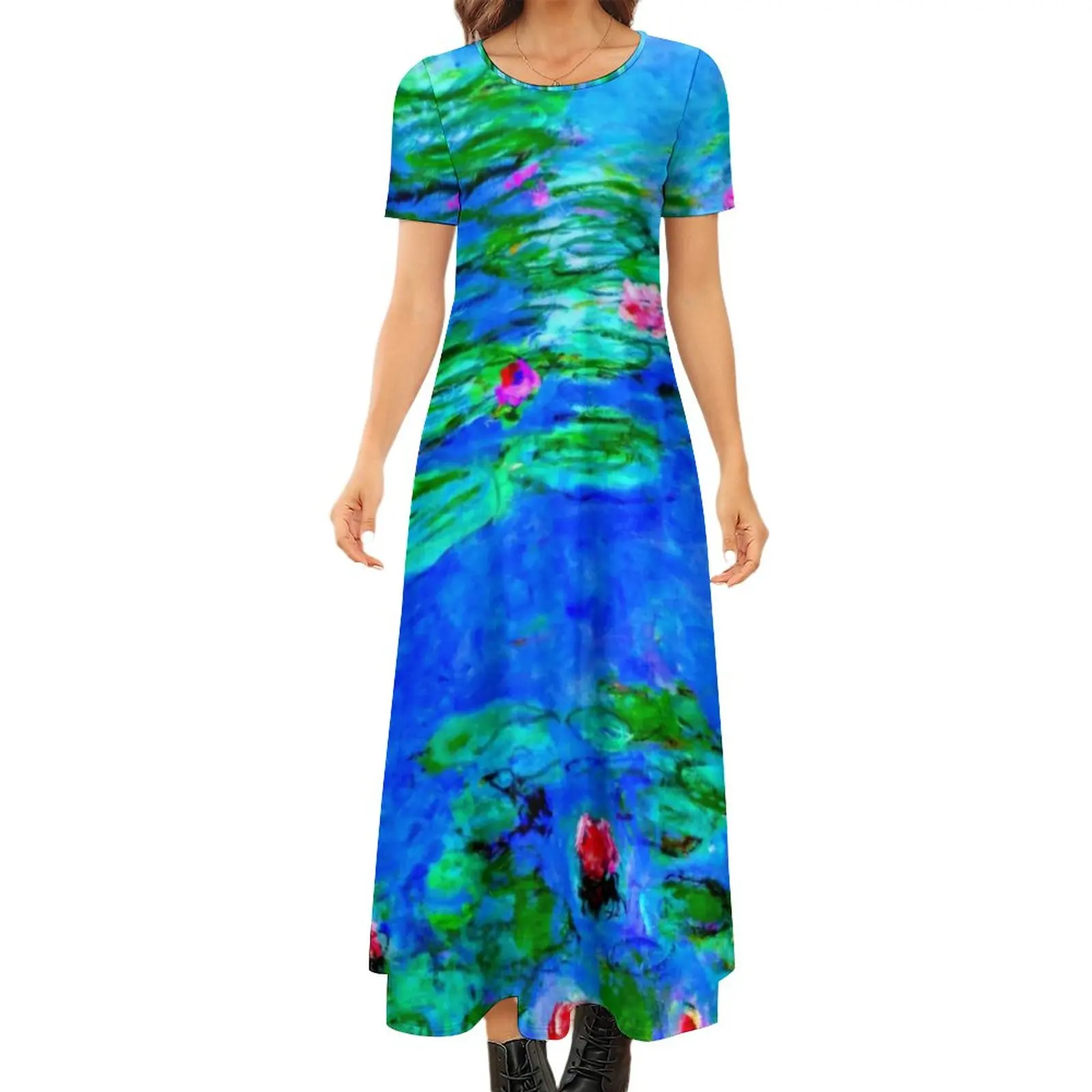 

Red Floral Dress Monet Water Lilies Kawaii Maxi Dress Female Short Sleeve Aesthetic Boho Beach Long Dresses Big Size 6XL 7XL