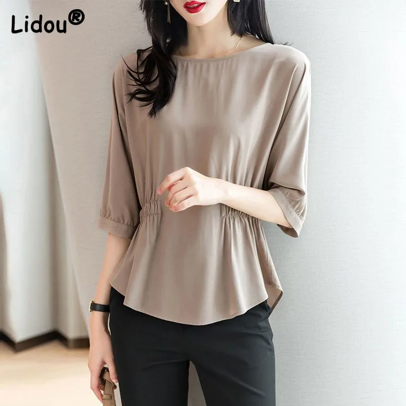 

Draw Back Middle Sleeve Lady Round Neck Casual Chiffon T-shirt Summer New Women Fashion Loose Corset Solid Color Pleated Tops