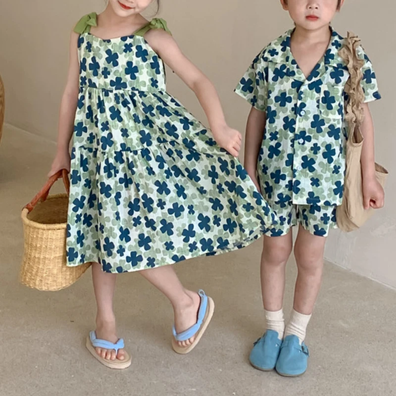 Criscky 2022 New Brother Sister Clothes Printed Sweet Girls Suspenders Long Skirt Boys Two Piece Suit Summer Boy's Suit