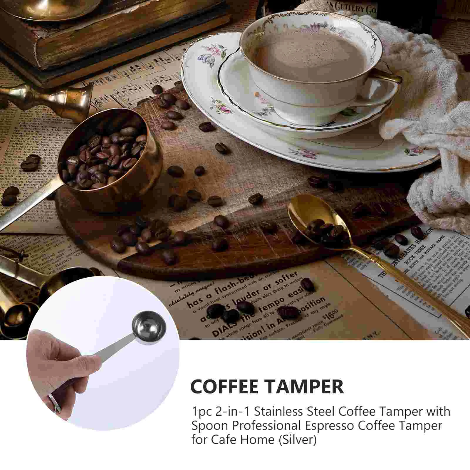 Темпер для кофейных зерен с ложкой Половник 2-в-1 серебристый нержавеющая сталь
