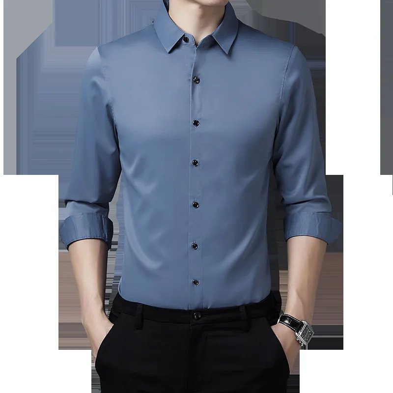 New Mercerized Silky Smooth Non-iron Long-sleeved Shirt Men's Simulation Silk Business Casual Loose Solid Color Bottoming Shirt