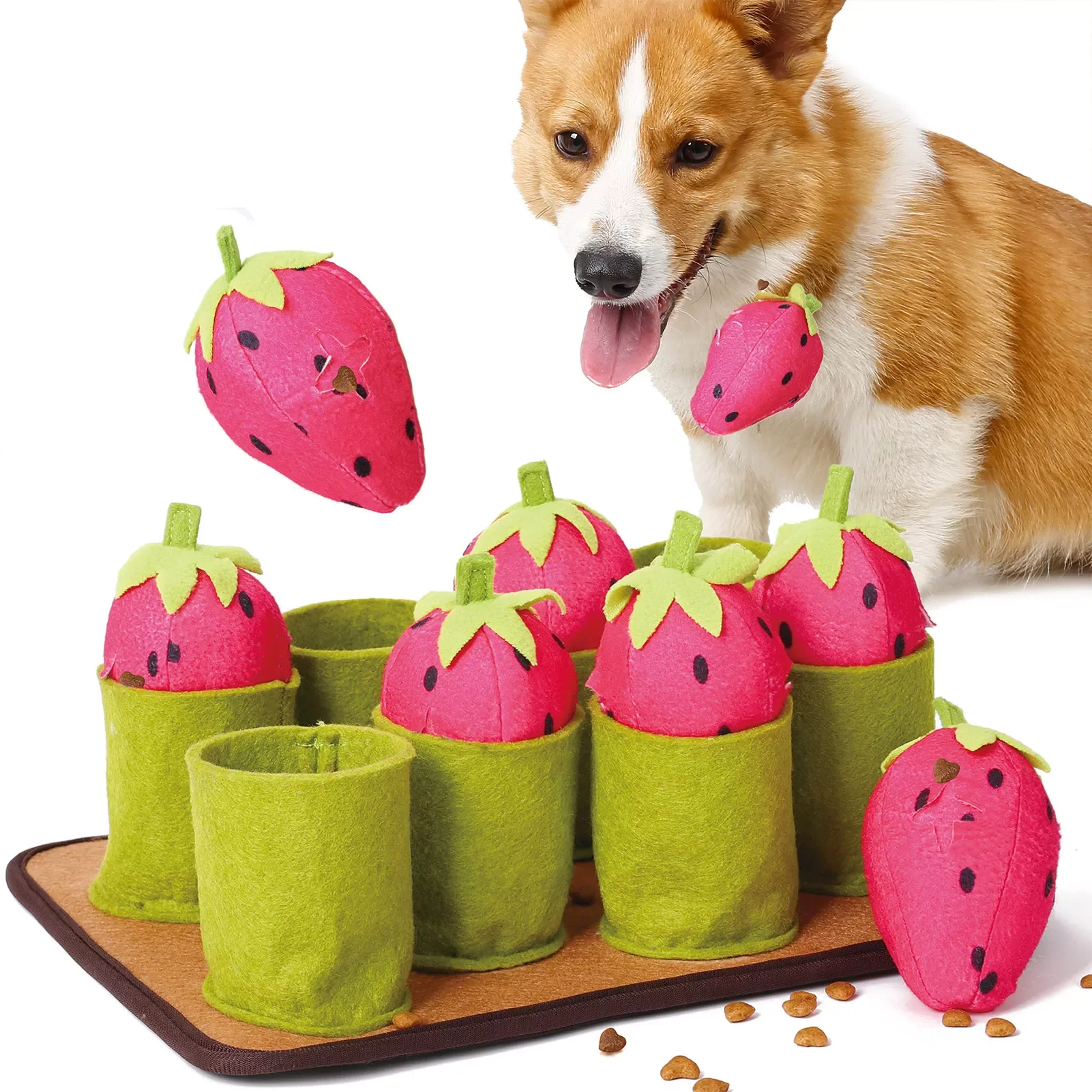 

NEW2023 Dogs Snuffle Mat Pet Interactive Slowing Feeding Squeaky Strawberry Dog Puzzle Toy Leak Food Training Blanket Mat Nose W