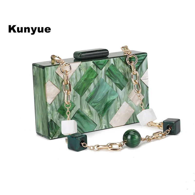 

21Chic Wallet Women Messenger Bag Green Acrylic Evening Bag Lady Plaid Clutch Purse Shoulder Chain Crossbody Party Prom Handbags