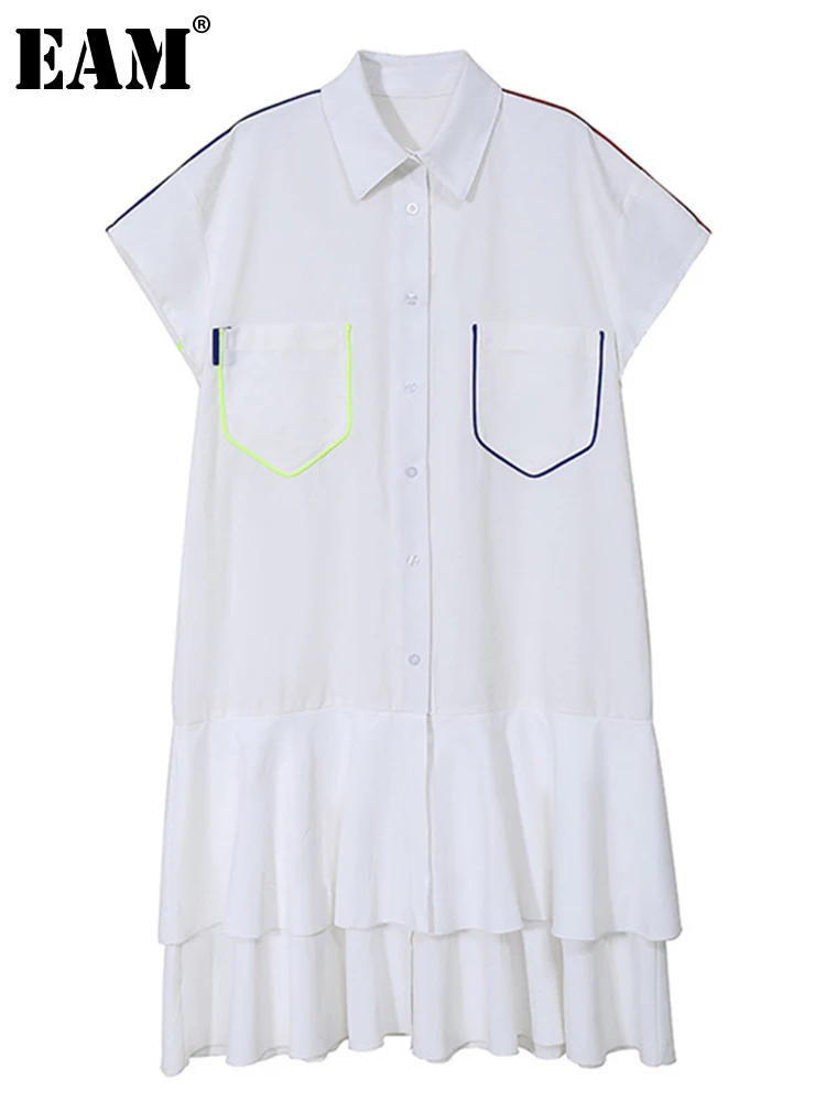

[EAM] Women White Ruffles Big Size Midi Shirt Dress New Lapel Short Sleeve Loose Fit Fashion Tide Spring Summer 2022 1DD5778