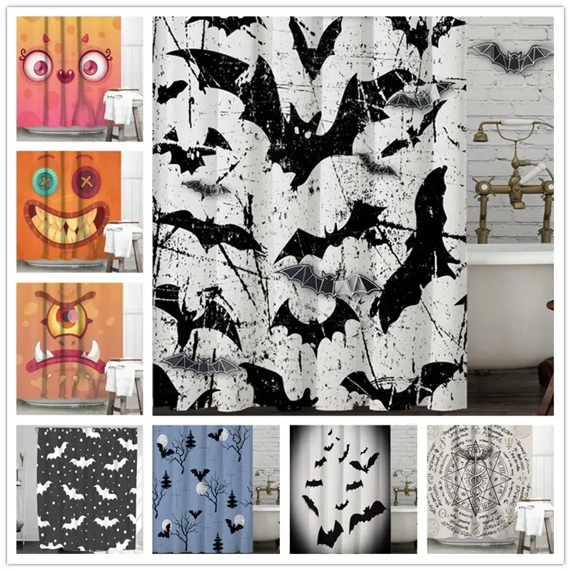 Home Decor Halloween Leprechaun Black and White Bat Shower Curtain Pop Fabric Bathroom cortina de la ducha