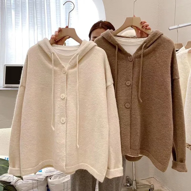 

Women Knitted Cardigans Sweater Fashion Autumn Long Sleeve Loose Coat Casual Button Thick V Neck Solid Female Tops 2022