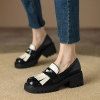 women loafers shoes genuine leather round toe block heels pumps platform tassel high heels ladies footwear spring autumn